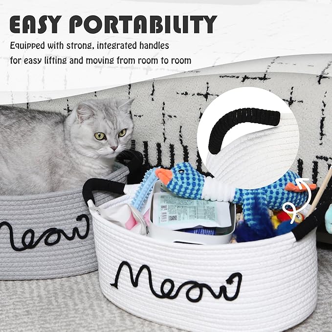Sea Team Cat Toy Storage Basket with Handles, 16.5 x 11 x 7 Inches, 4.4 Gallons Large Cotton Rope Storage Bin, Shelf Basket, Organizer for Pet Chew Toys, Foods, White Meow