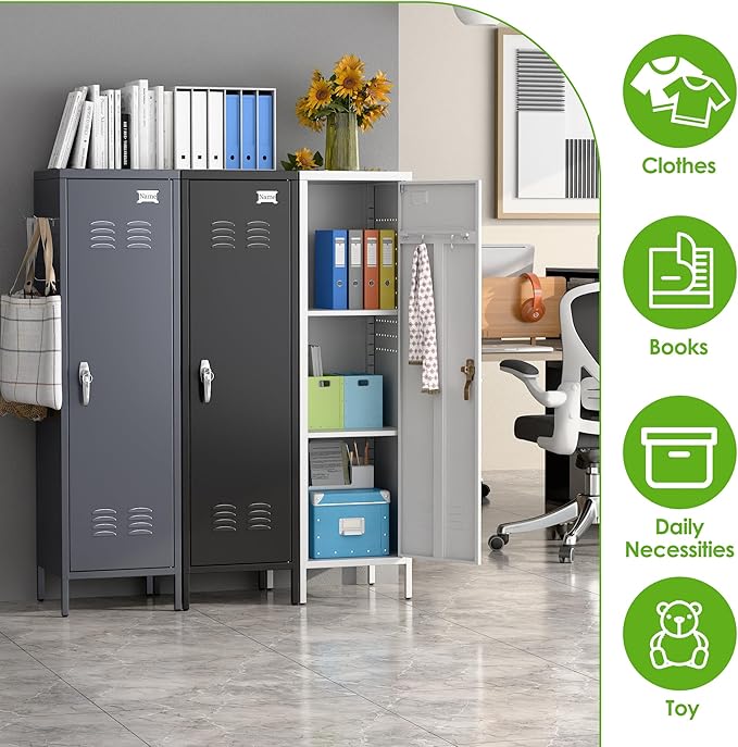 Lockable Metal Lockers with Handle,Metal Storage Locker with 2 Pegboard & 5 Hooks for Home,Office,School,White,Required Assembly,White