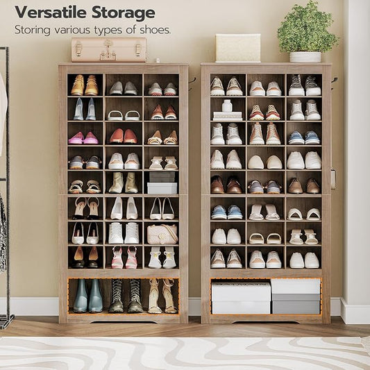 HOOBRO Tall Shoe Cabinet, 9 Tier Shoe Storage Cabinet, Freestanding Wooden Shoe Cabinet Organizer with 24 Cubbies and 3 Hooks, for Entryway, Closet, Living Room, Greige BG24SC01