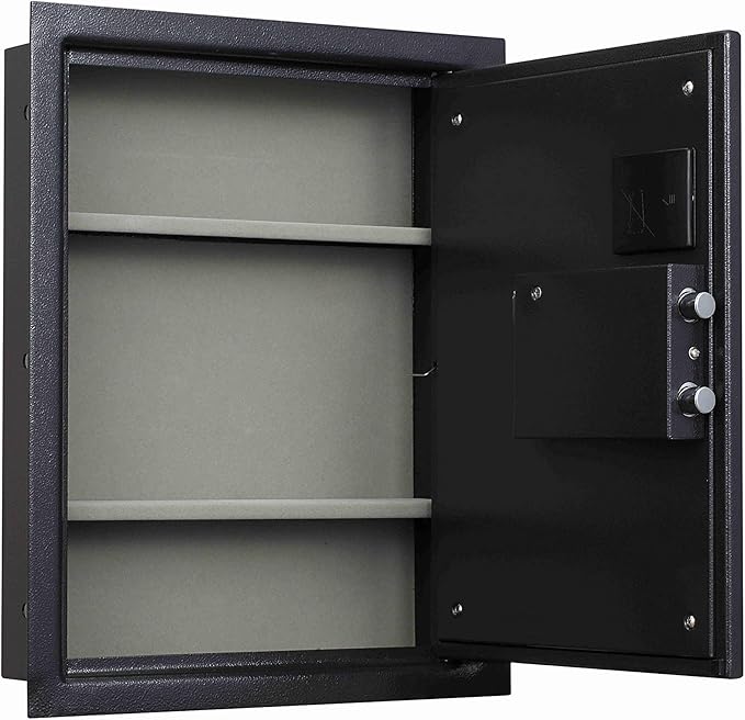 ProtexSafe Electronic Keypad Wall Safe (PWS-1814E)-Black, Burglary Resistant wall safe, digital electronic locking system, velvet interior, automatic door opening, 2 Removable shelves