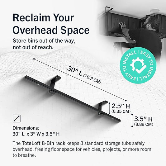 StoreYourBoard Overhead Tote Loft Bin Rail System - Garage Ceiling Bin Rack for Garage Storage - Adjustable Tote Slide Rails - Organization and Storage for 8 Bins - Black