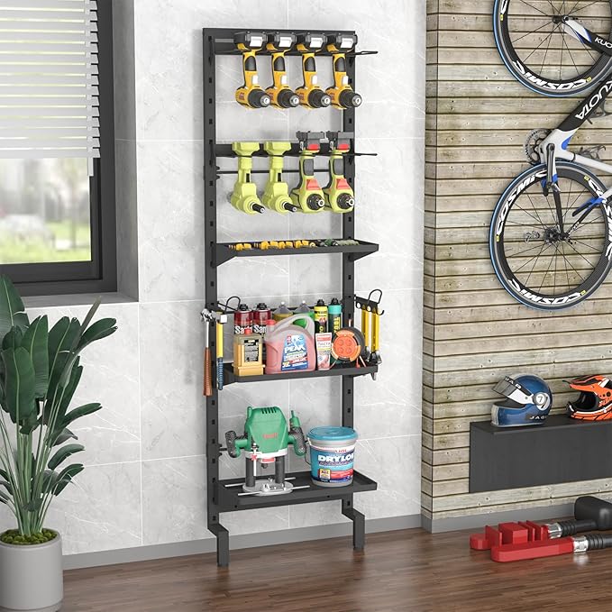 Bukfen Garage Tool Storage Rack, Wall Mount 5-Tier Heavy Duty Metal Organizer with 8 Drill Holder Slots, Adjustable Shelves, Side Hooks Workshop Utility 1 Pack Black Vertical Space-Saving Organization