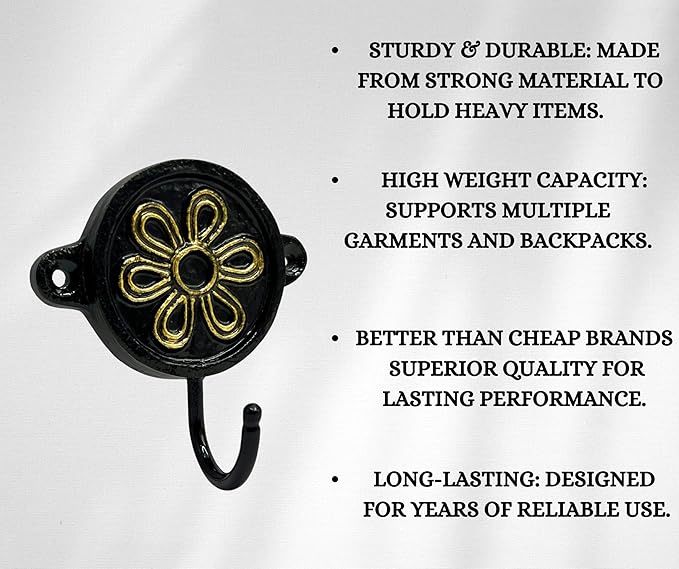 Aluminium Flower Print (1-Pack) Single Wall Hooks, Black Themed Hooks for Hanging Leash-Wall Mount Hanger, Organization Decorative Wall Hook (Flower)