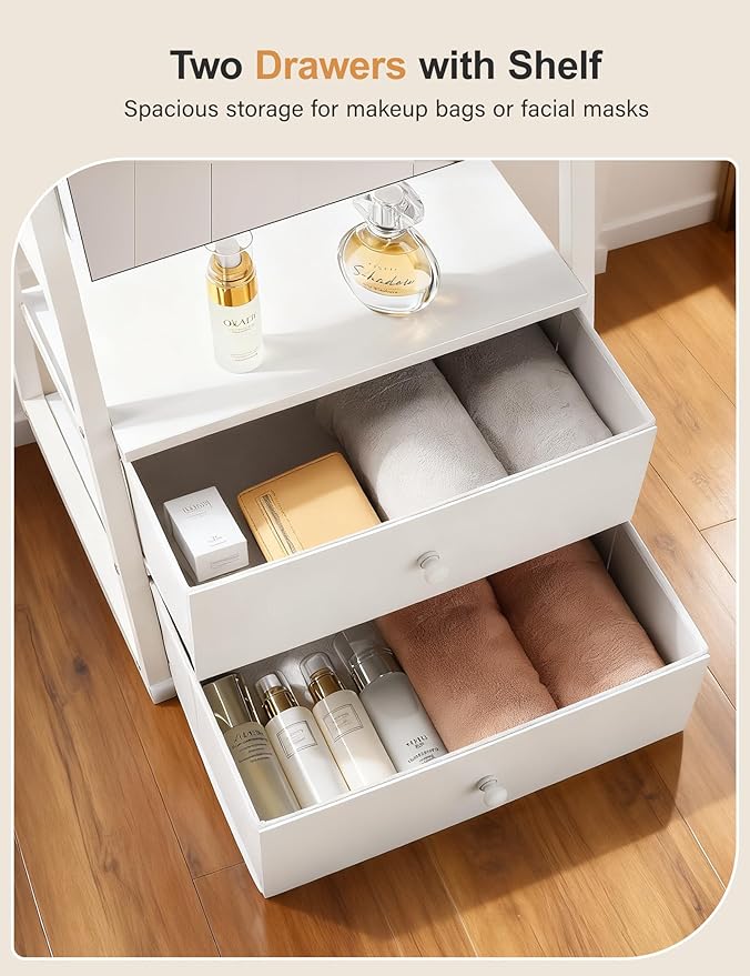 Nicetree Jewelry Cabinet Armoire with 2 Drawers, Lockable Standing Mirror Jewelry Cabinet, Full Length Mirror with Jewelry Storage, Christmas Gifts, White