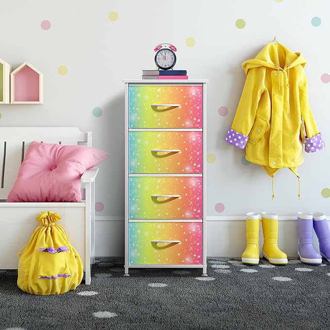 Sorbus Kids Dresser with 4 Drawers - Storage Chest Organizer Nightstand - Steel Frame, Wood Top, Tie-Dye Fabric Bins for Clothes - Wide Furniture for Bedroom, Hallway, Nursery, Closet, & Apartment