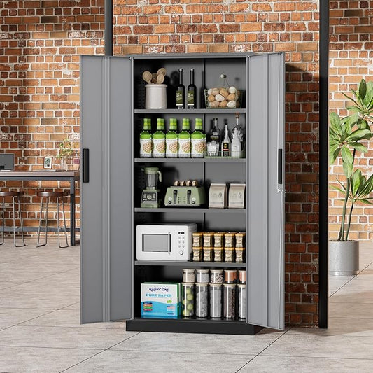 Greenvelly Metal Storage Cabinet,72" Locking Metal Garage Storage Cabinet with Doors and 4 Adjustable Shelves, Lockable Steel Cabinet for Home Office, Garage, Shop, School (Black Grey 32" W x 16" D)