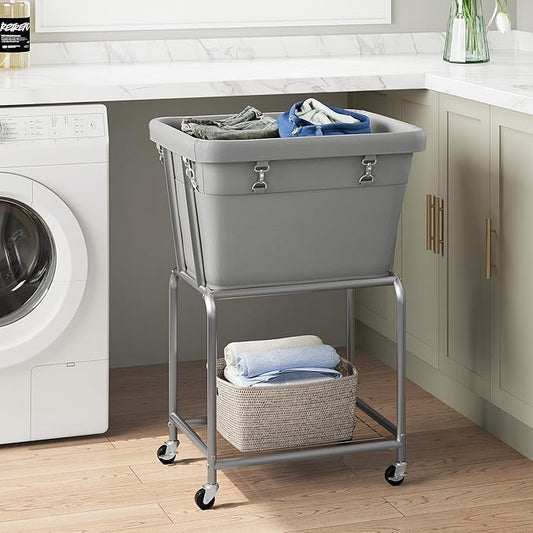 ELYKEN Rolling Laundry Hamper with Wheels, Laundry Cart with Removable Bag, Heavy Duty Metal Frame, 2-Tier Clothes Basket Hamper with Shelf for Closet, Bedroom, Bathroom, Laundry Room, Gray