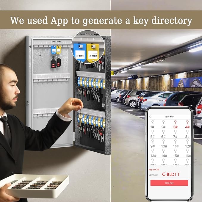 48 Key Lock Box Wall Mount, Smart Key Cabinet One Time Password/APP Bluetooth/Fixed/Wi-Fi Remote/Key Unlock, Key Management for Valets/Realtors/Office/Hotel