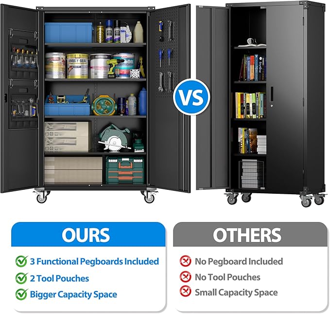 43.3" Wx21.85 Dx72 H Wide and Deep Garage Storage Cabinet with Wheels and Pegboard, Heavy Duty Metal Storage Cabinet with 4 Adjustable Shelves and 9 Hooks for Garage,Warehouse,Home, Black