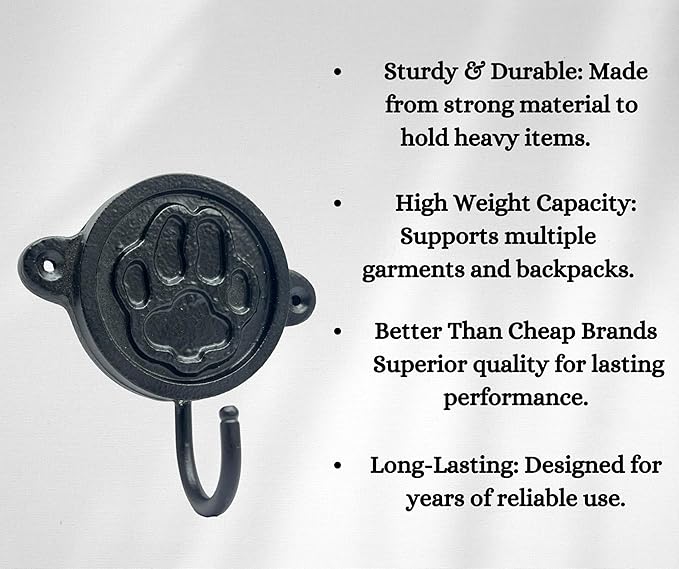 Aluminium Paw Print (1-Pack) Single Wall Hooks, Black Dog Themed Hooks for Hanging Leash, Dog Harness, Wall Mount Hanger, Organization Decorative Wall Hook
