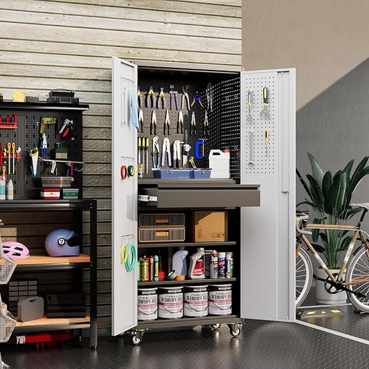 Aobabo Garage Storage Cabinet with Wheels, Metal Storage Cabinet with 1 Drawer for Home,Garage,Assembly Required,Black&Grey