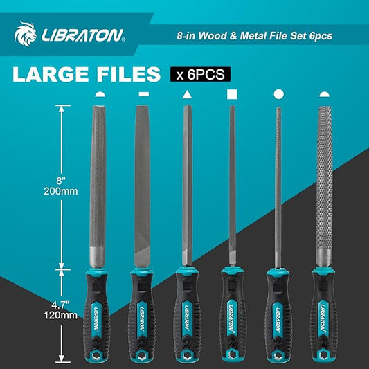 Libraton 6PCS Metal File Set, Metal Files, Metal Files for Steel, 5 Metal Rasp Files, 1 Wood File, 8" High-Carbon Steel Files with Rubber Handle, for Metalworking & Woodworking