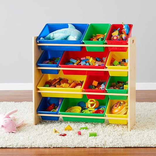 Amazon Basics Kids Toy Storage Organizer With 12 Plastic Bins, Natural Wood, Multicolor, for Bedroom and Playroom, 33.6" W x 10.9" D x 31.1" H