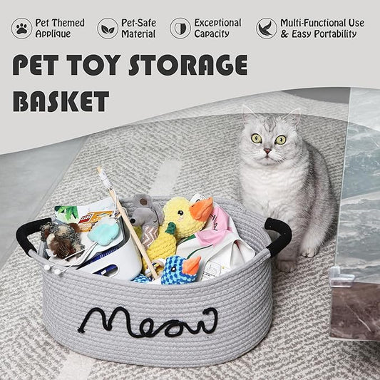 Sea Team Cat Toy Storage Basket with Handles, 16.5 x 11 x 7 Inches, 4.4 Gallons Large Cotton Rope Storage Bin, Shelf Basket, Organizer for Pet Chew Toys, Foods, Grey Meow