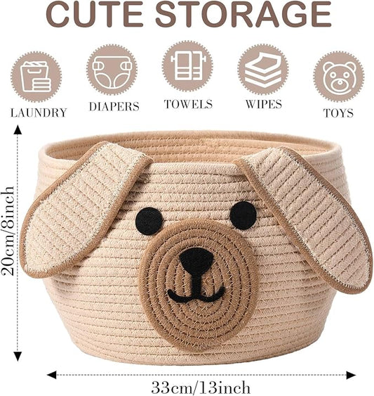 Zopeal Dog Woven Basket Cute Woven Cotton Rope Puppy Animal Storage Basket for Laundry Toy Gift(Khaki,13 x 8 Inch)