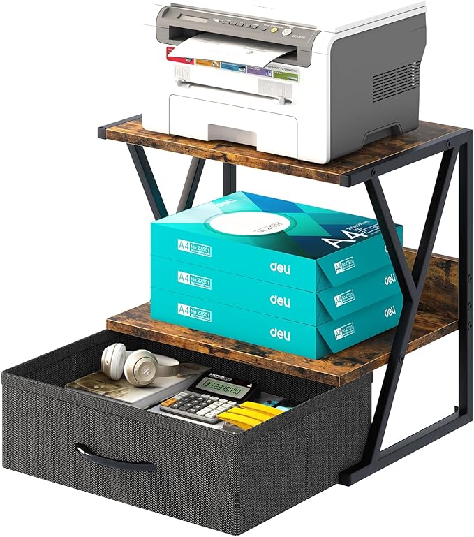 aboxoo Printer Stand for Desk with Storage Drawer, 2 Tier Desktop Or UnderDesk Shelf, Multi-Purpose Desk Organizer for Home Office, fit Fax Machine/3D Printer/Scanner, Rustic Brown