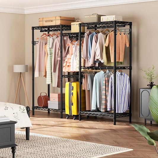 Heavy Duty Garment Rack Clothes Rack,Large Metal Closet Organizer System Storage Wardrobe,Freestanding Clothing Rack Black 15.75" D x 77.5" W x 77" H