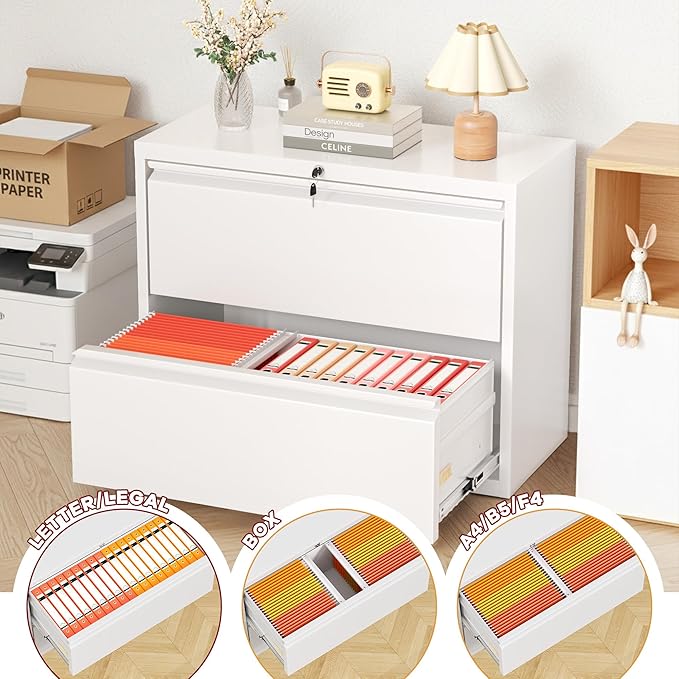 Bonusall File Cabinet, Lateral Filing Cabinet, 2 Drawer Metal File Cabinet with Lock, Lockable Filing Cabinet for Home Office, Hanging Files Letter/Legal/A4/F4 - White