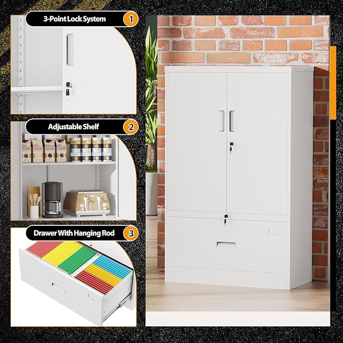 INTERGREAT Metal Storage Cabinet with Drawer,52" H*32" W*16" D File Cabinets,Steel Locking Storage Cabinet with Doors and Shelves for Home,Office,Garage,School,Fit A4/Letter/Legal File (White)