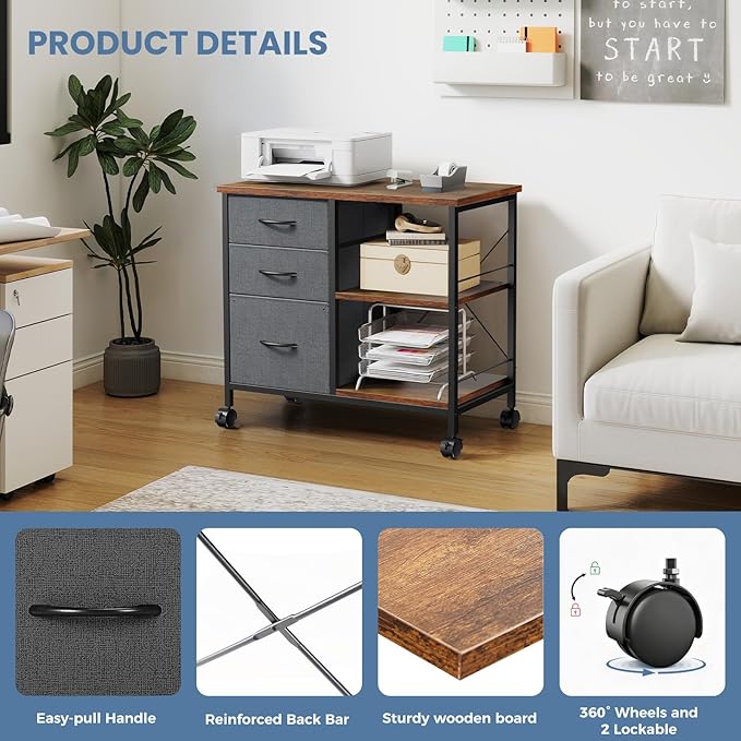 DUMOS 3-Tier Mobile File Cabinet, Printer Stand with Storage, Office Table with Drawers and Back Support Bar, Holds 110lb for Home Office, Rustic Brown