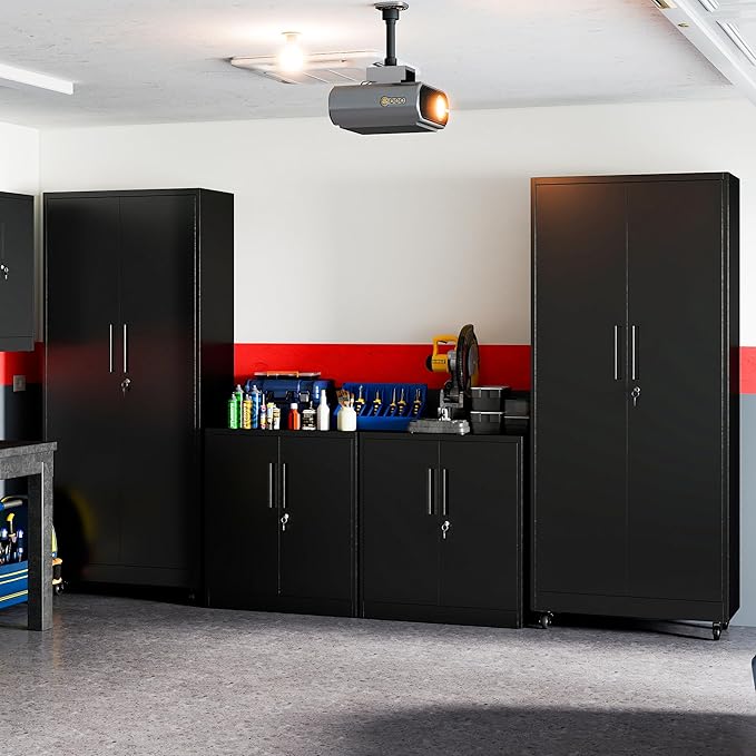Garage Metal Storage Cabinet with Lock, H35.5 Short Storage Cabinet with Adjustable Shelves and Doors, Metal Tool Cabinet Lockable for Garage, Utility Room