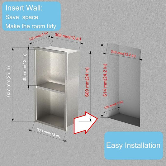 Stainless Steel no Tile Needed Metal Niche,Double Shelves,Stainless Steel Finished Shower Insert Wall Niche(Brush, 24 * 12 in)