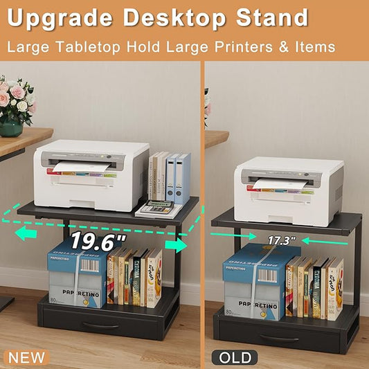 YAOHUOO 2-Tier Desktop Printer Stand with Fabric Drawer, Prtiner Table with Storage Shelf, Desk Organizer for Home Office,3D Printer,Fax Machine,Scanner, 19.6"x14.9" Black