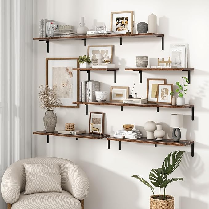 Fun Memories Deep Floating Shelves, 32W x 8D Floating Shelves Set of 2, Wall Mounted Shelf with Metal Brackets, Rustic Wood Wall Shelf for Bathroom, Kitchen and Living Room, Rustic Brown