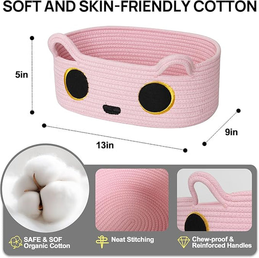 Pink Cat Toy Basket, Small Woven Cat Toy Storage Box with Cute Ears Handle Indoor, Cotton Rope Storage Bin with Embroidered Face for Home Decor, Pet Bed, Baby Nursery Kids Room Organization