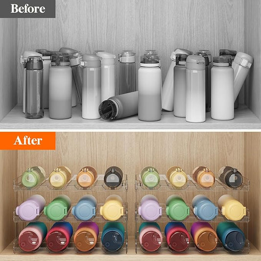 Lifewit Stackable Water Bottle Organizer for Cabinet, Plastic Bottle Holder Fits Bottles/Tumblers up to 3.8" Diameter for Pantry/Countertop, 3 Tier Holds14 Bottles 41 x 20 x 24 cm/16 x 8 x 9.5"