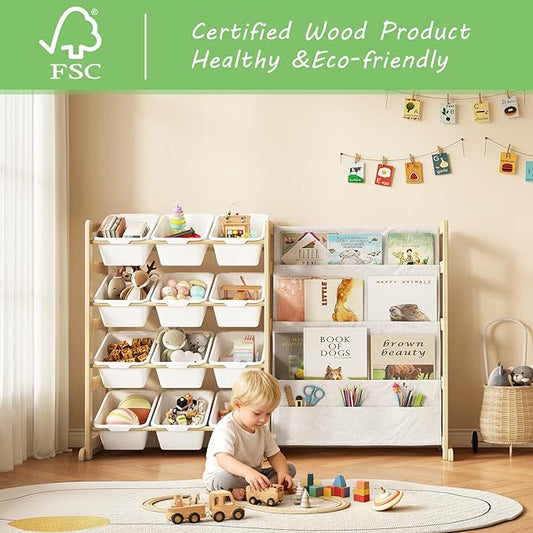 Toy Storage Organizer with Bookshelf - 12 Storage Bins 4-Tier Multipurpose Shelf to Organize Toys and Books for Kids Room, Playroom, Nursery Room, White