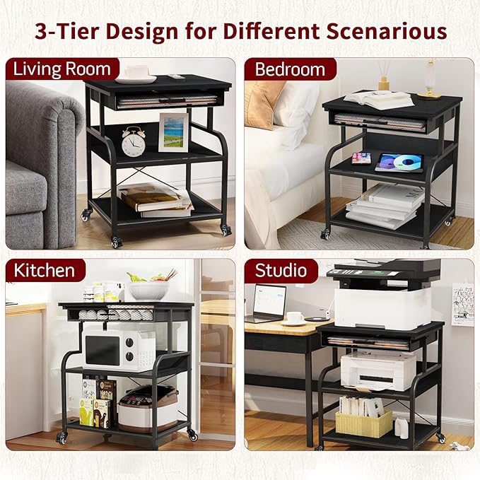 TFK 3-Tier Printer Stand with Drawer, Adjustable Shelf, Rolling Casters, 23.6 x 18.9 x 30 Inch Heavy Duty Printer Cart for Home Office, Large Printers, 3D Printers, Fax & Heat Press, Black