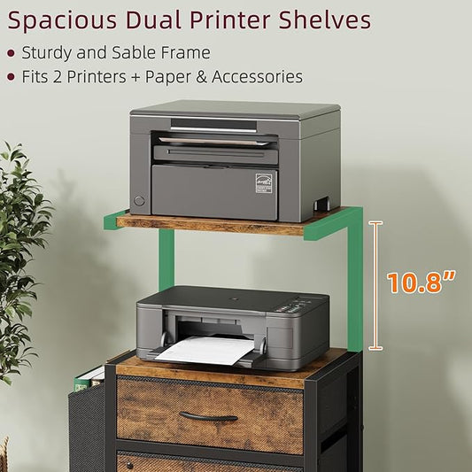 Filing Cabinet with 2-Tier Printer Shelves, 2 Fabric Drawers File Cabinet with Side Bag&File Drawer for A4/Letter Size, Printer Stand with Storage for Home Office, Rustic Brown, 16.5" W