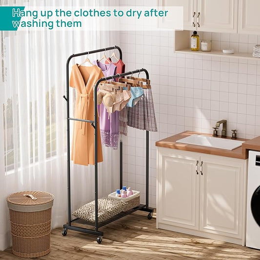 SINGAYE Clothes Rack Garment Clothing Hanger:Coat Rack Metal Double Bar Freestanding for Hanging Clothes Portable With Wheels Rolling Closet for Laundry Bedroom Drying Black