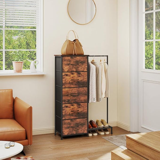 Somdot Dresser with Hanging Rack, 5 Drawers Small Closet for Bedroom, Reversible Dresser with Clothes Rack, Kids Dressers for Bedroom Chest of Drawers, Tall Storage Tower, Wood Grain Print