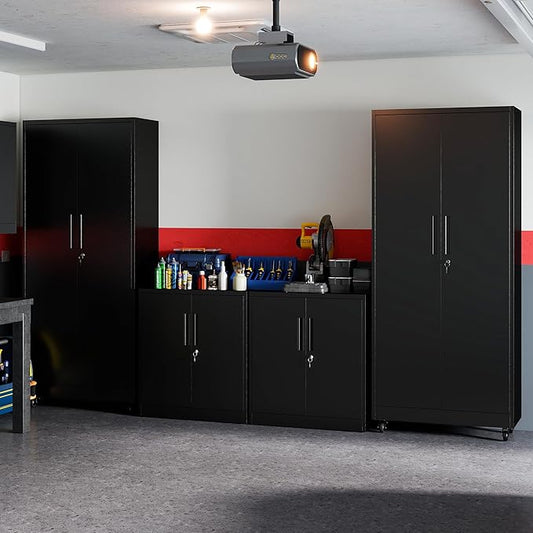 Garage Metal Storage Cabinet with Lock, 71'' Tall Storage Cabinet with Adjustable Shelves and Doors, Rolling Tool Cabinet on Wheels for Garage, Utility Room