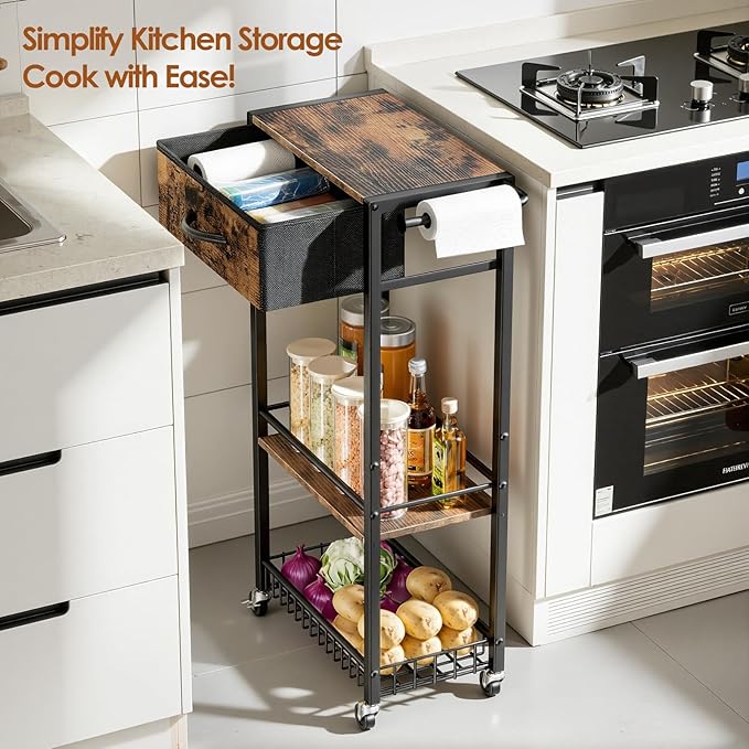 Lewondr Rolling Storage Cart with Drawers, 3-Tier Laundry Room Shelves, Sturdy Bathroom Organizer Shelf with Wood Top, Rolling Drawer Cart with Handle and Wheels for Kitchen, Office, Classroom, Black