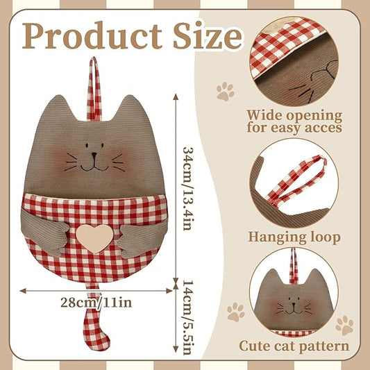 Cute Hanging Wall Storage Bag Cat Room Decor Cat Toy Hanging Organizer with Pocket Cotton Linen over The Door Storage Basket Corduroy and Checkered Pouch for Home Nursery Bathroom Bedroom Kitchen