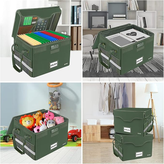 DocSafe Fireproof Document Box with Lock,File Storage Organizer with Mesh Pockets&Lid,Collapsible Portable File Box Home Office Safe Filing Cabinet with Handle for Hanging Letter/Legal Folder,Green