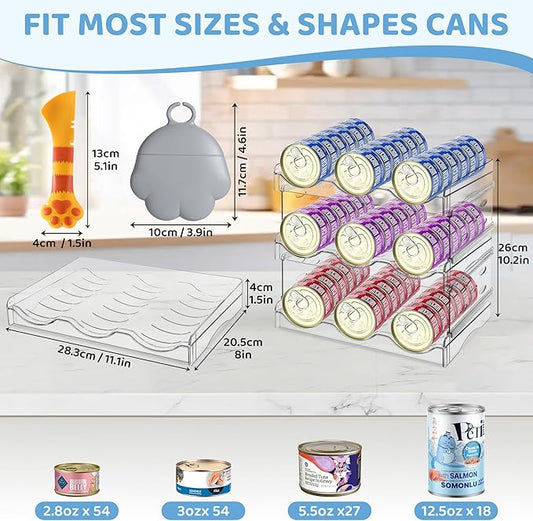 Cat Food Can Organizer, 3 Layer Clear Acrylic Cat Food Storage Rack Holds 54 Cans, Includes Pet Can Spoon & Silicone Can Cover, Canned Food Organizer for Countertop Kitchen Cabinet
