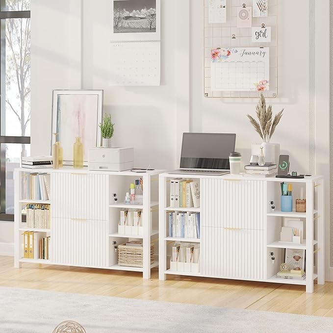File Cabinet for Home Office, Fluted Filing Cabinet with 2 Drawers Fit Letter/Legal/A4 Folders with Tabs, Printer Stand with Lock & 2 Power Outlets, 6 Shelves (1, White)