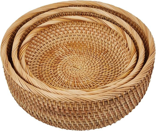 Natural Rattan Round Fruit Basket Bowls, Hand Woven Decor Serving Baskets, Wicker Storage for Dinning Room (Round-Combo)