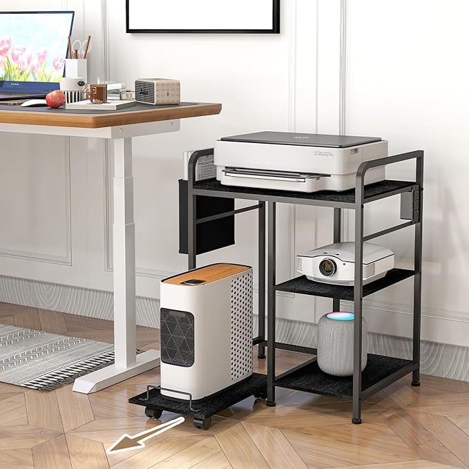 Home Printer Stand with Charging Station, 24x18 Inches Stands for Large Printer, Printer Shredder Stand with Storage for Home Office, Table for Fax Machine/PC Tower (Black)