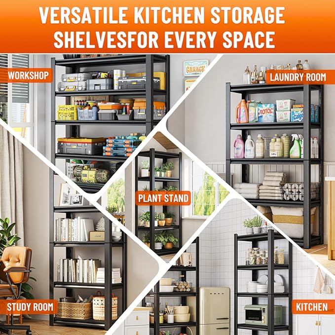 Kitchen Storage Shelves, 44''H*16''W Microwave Stand, Adjustable Metal Shelving, 1600LBS Bakers Rack, Black Kitchen Shelf, 4-Tier Shelving Unit for Bathroom, Pantry, Laundry, Closet, Garage