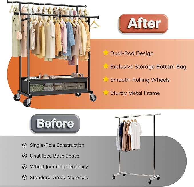 Clothes Rack, Double rods clothing rack, Clothing Racks for hanging clothes, Rolling clothes rack with Storage Basket & Heavy Duty Wheels, garment rack for Bedroom, Laundry Room, Black