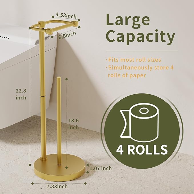 Toilet Paper Holder Stand, Modern Bathroom Free Standing Toilet Paper Holder with Storage for 4 Rolls, Post Pivoting Toilet Paper Stand Stainless Steel Tissue Rack, Heavy Stable Base(Brushed Gold)