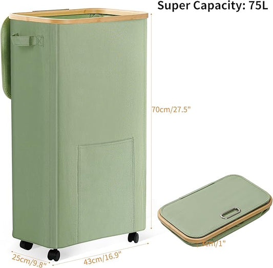 Laundry Basket with Wheels, Dirty Clothes Hamper on Wheels, Rolling Tall Laundry Hamper with lid for Laundry Room, Dorm and Bathroom, 75L Sage Green