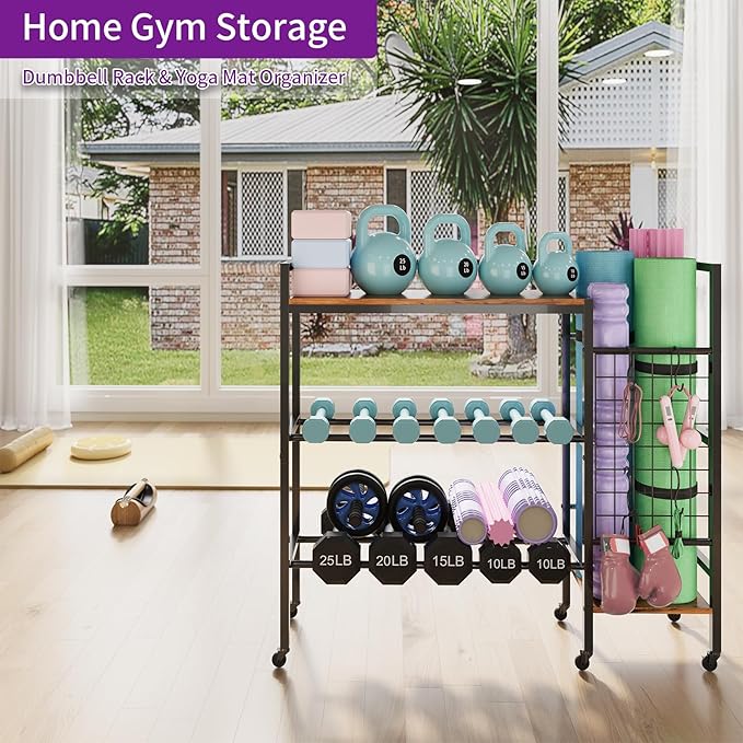 Dumbbell Rack, Gym Storage Rack, Weight Rack for Home Gym, Dumbbells, Kettlebells, Yoga Mats & More Space-Saving Home Gym Organizer