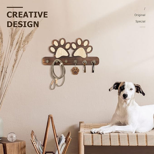 MTERSN Farmhouse Key Holder for Wall - Decorative Dog Leash Hanger Wall Mounted and Coat Rack with 6 Unique 3D Dogs Claw Hooks - Dog Accessories Organizer for Rustic Home Decor(Brown)