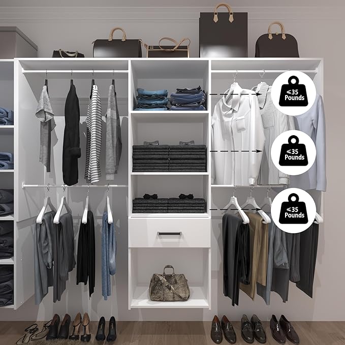 Wall Mounted Closet System, with Hanging Rod and All Hardware Kits, Large Garment Rack Shelves and One Drawer, Need to be Assembled, MDF with White Color for Bedroom and Closet